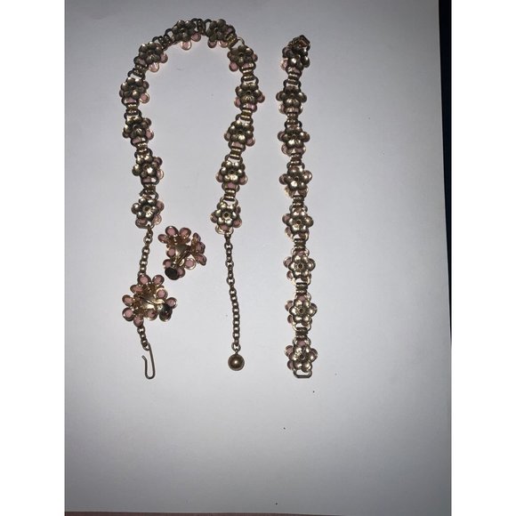 Bracelet Necklace Earrings Vintage Costume Jewelry Set Pink Flowers Rhinestones - Picture 7 of 7